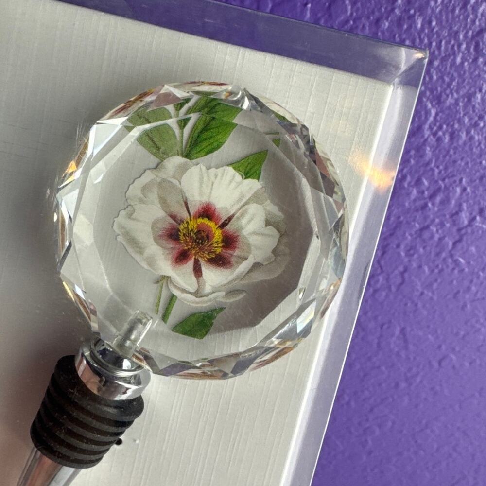 Fringe Printed Crystal Wine Stopper White Flower Faceted Glass Topper NIB - Picture 2 of 5